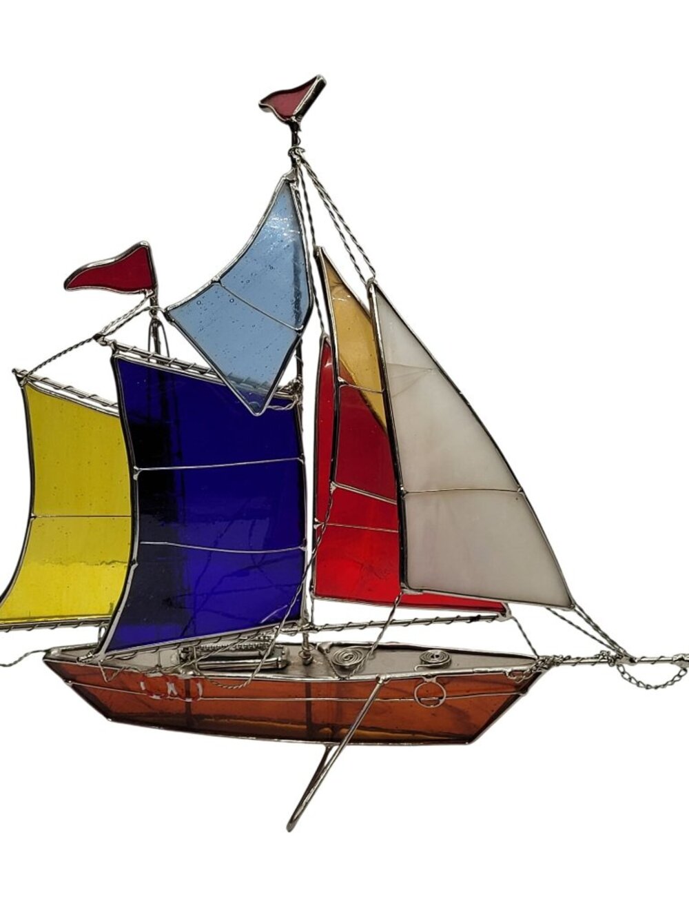 Stained Glass Sailboat With Multicolor Panels & Metal Frame Nautical Home Décor